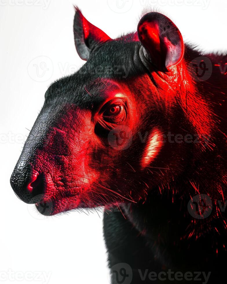 A close up of a black animal with red glowing eyes photo