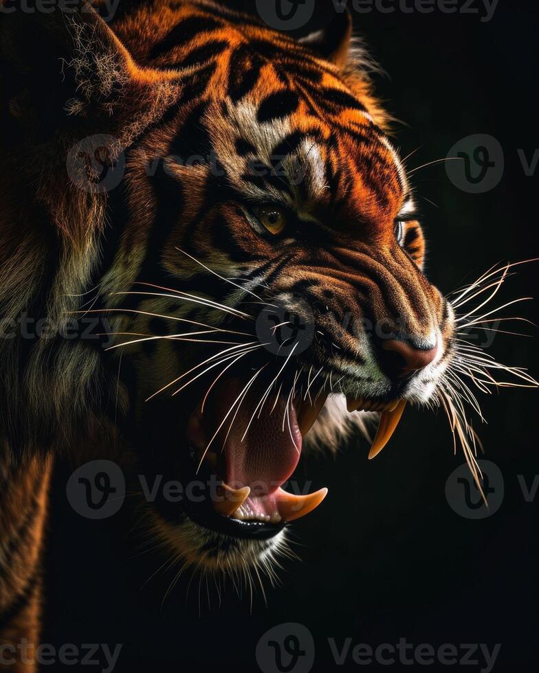 A tiger with its mouth open and its teeth showing photo