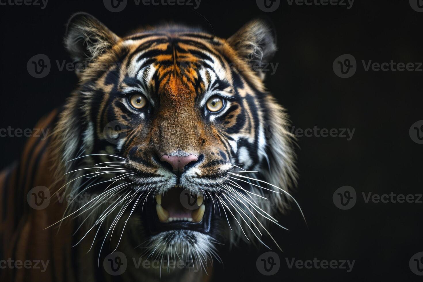 A tiger is roaring in the dark photo