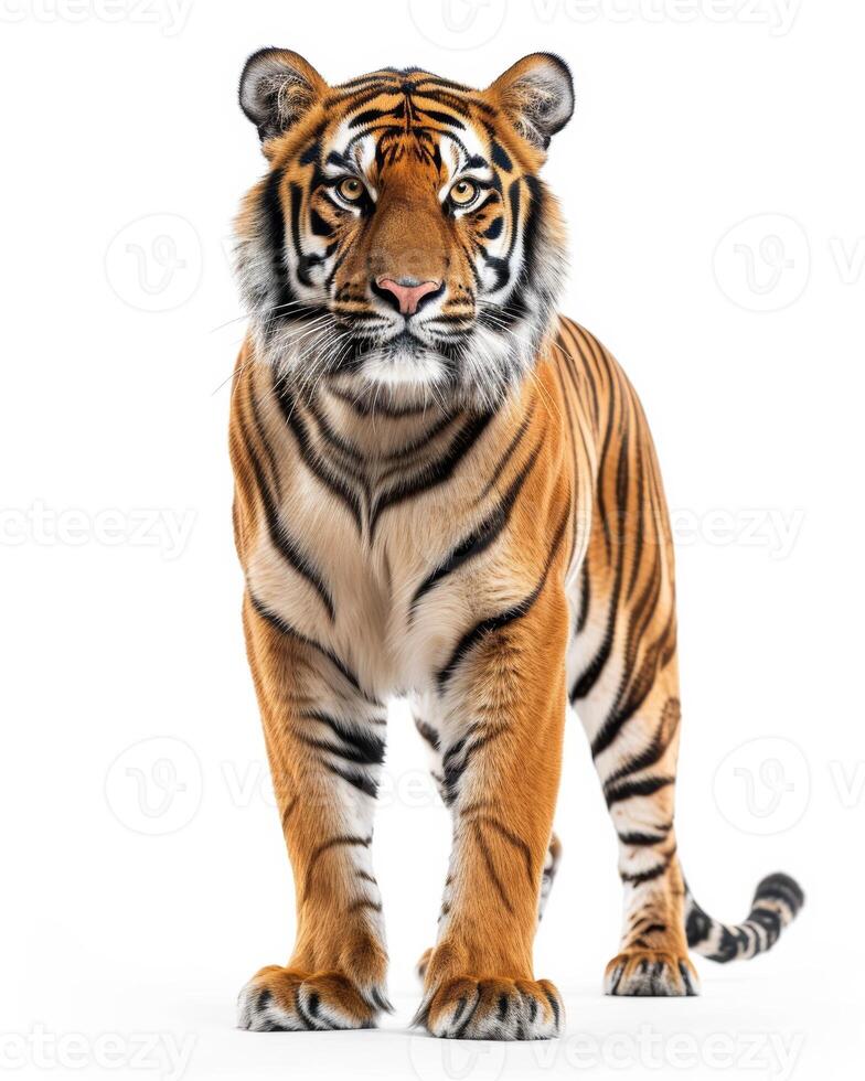 A tiger standing in front of a white background photo