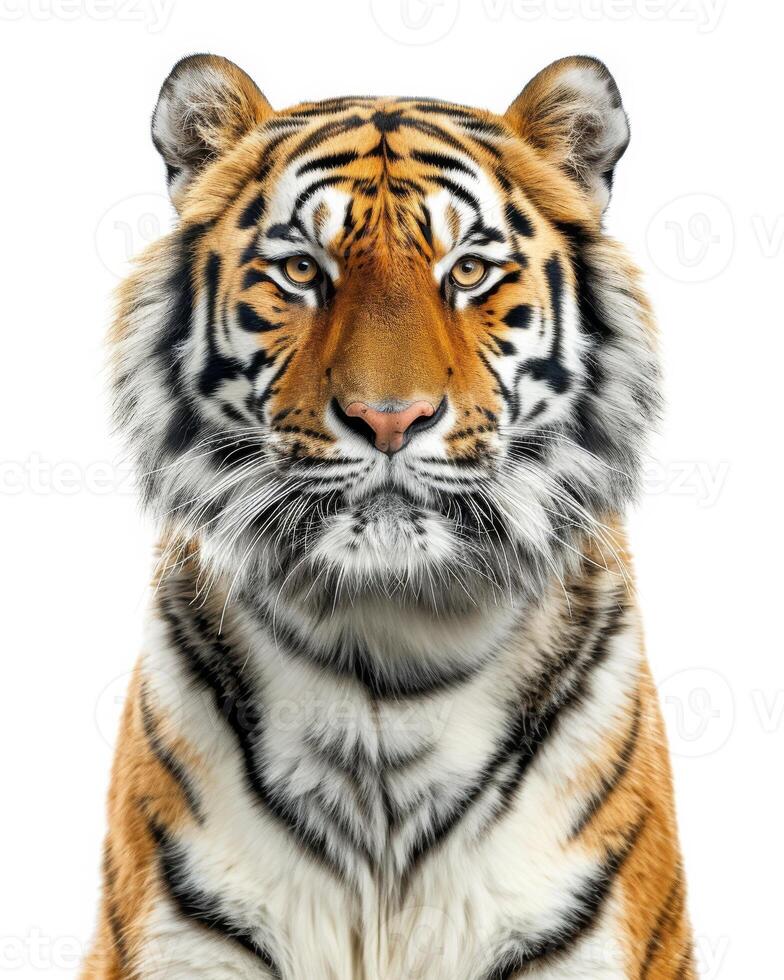 A tiger is standing in front of a white background photo
