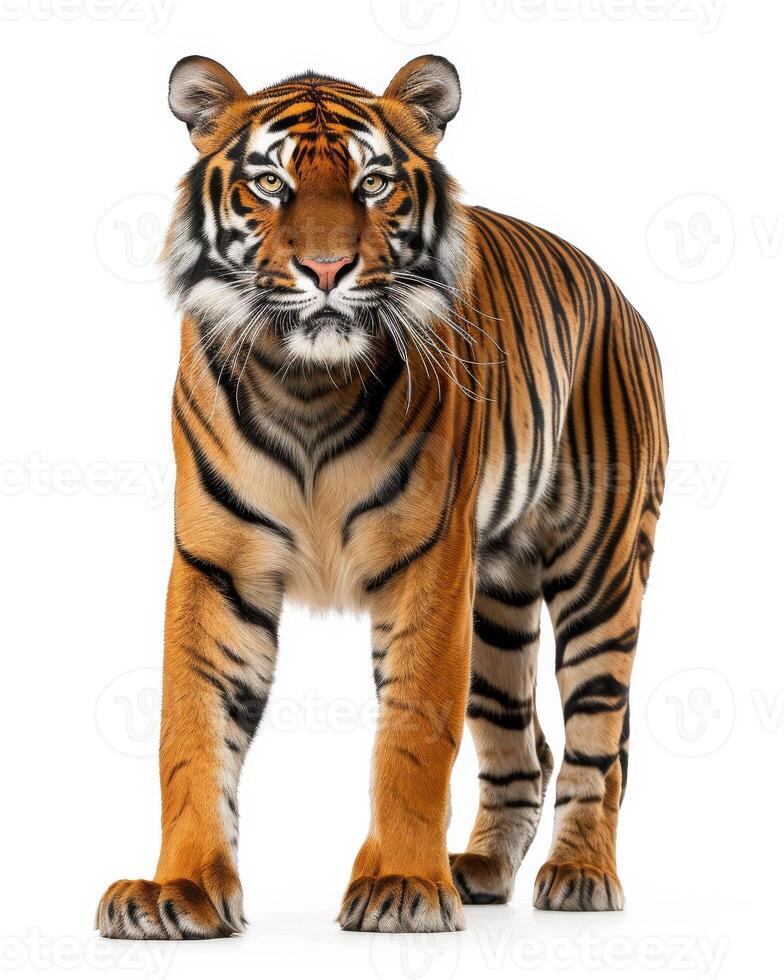 A tiger standing in front of a white background photo