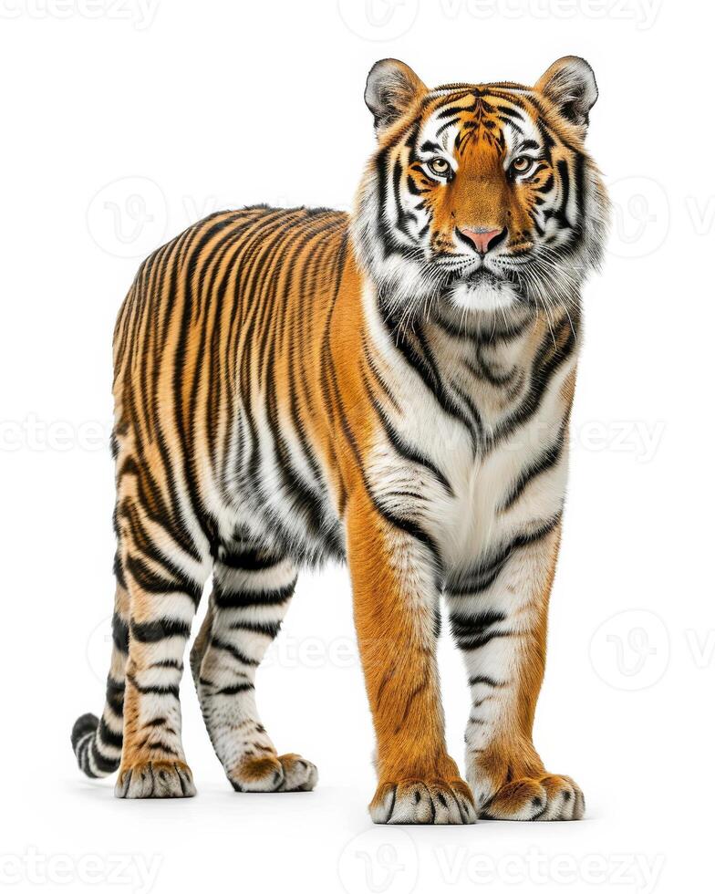 A tiger standing in front of a white background photo