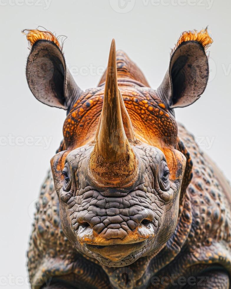 A close up of a rhino with its horns up photo