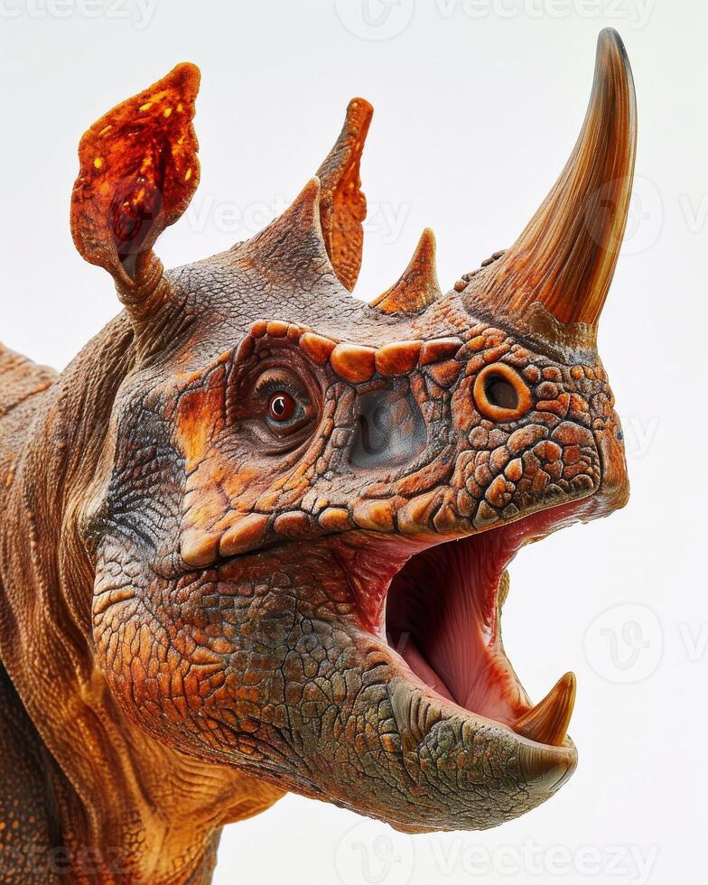A close up of a toy rhino with its mouth open photo