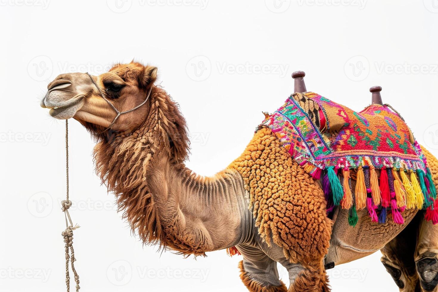 A camel with colorful saddle on its back photo