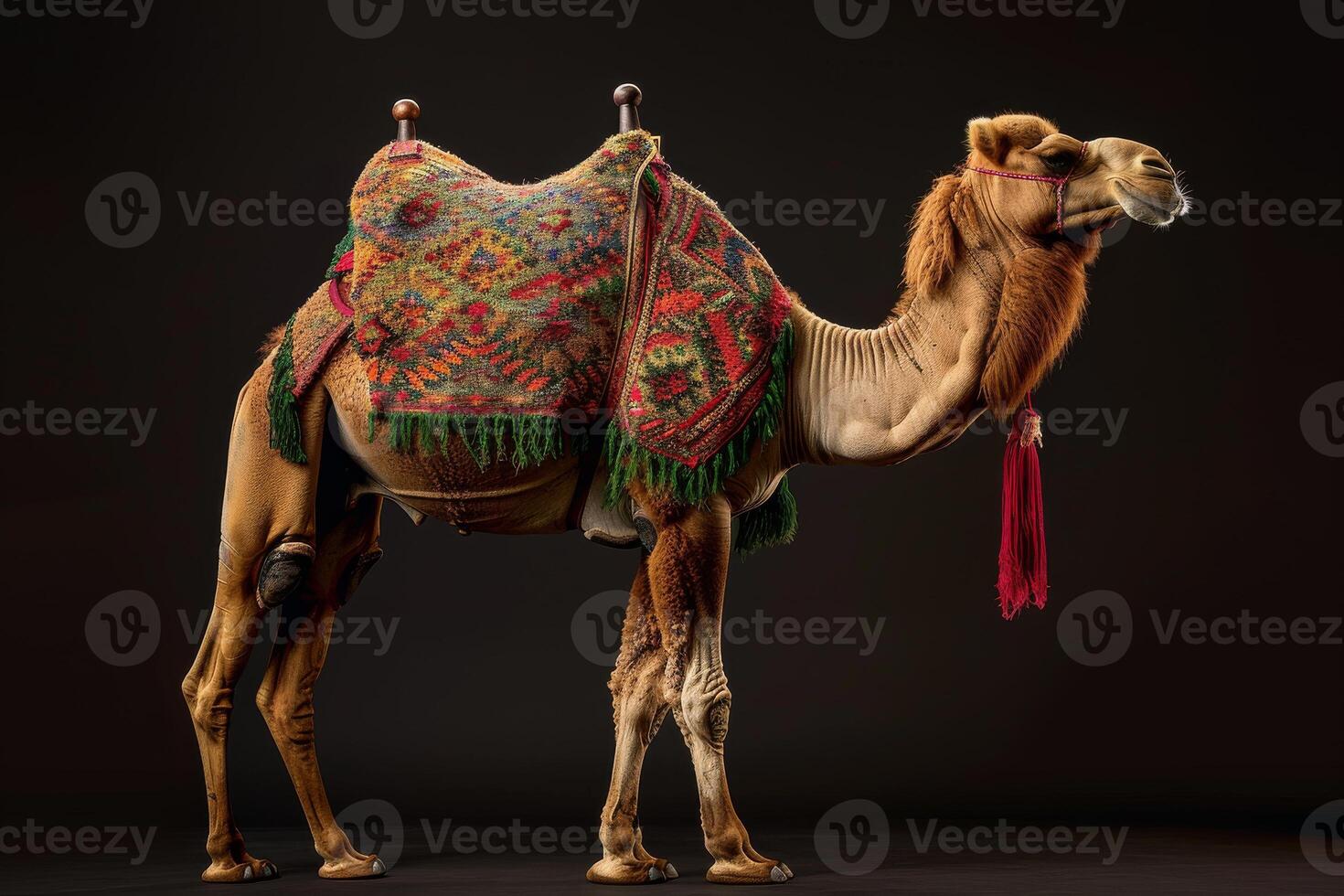 A camel with a colorful saddle on it photo
