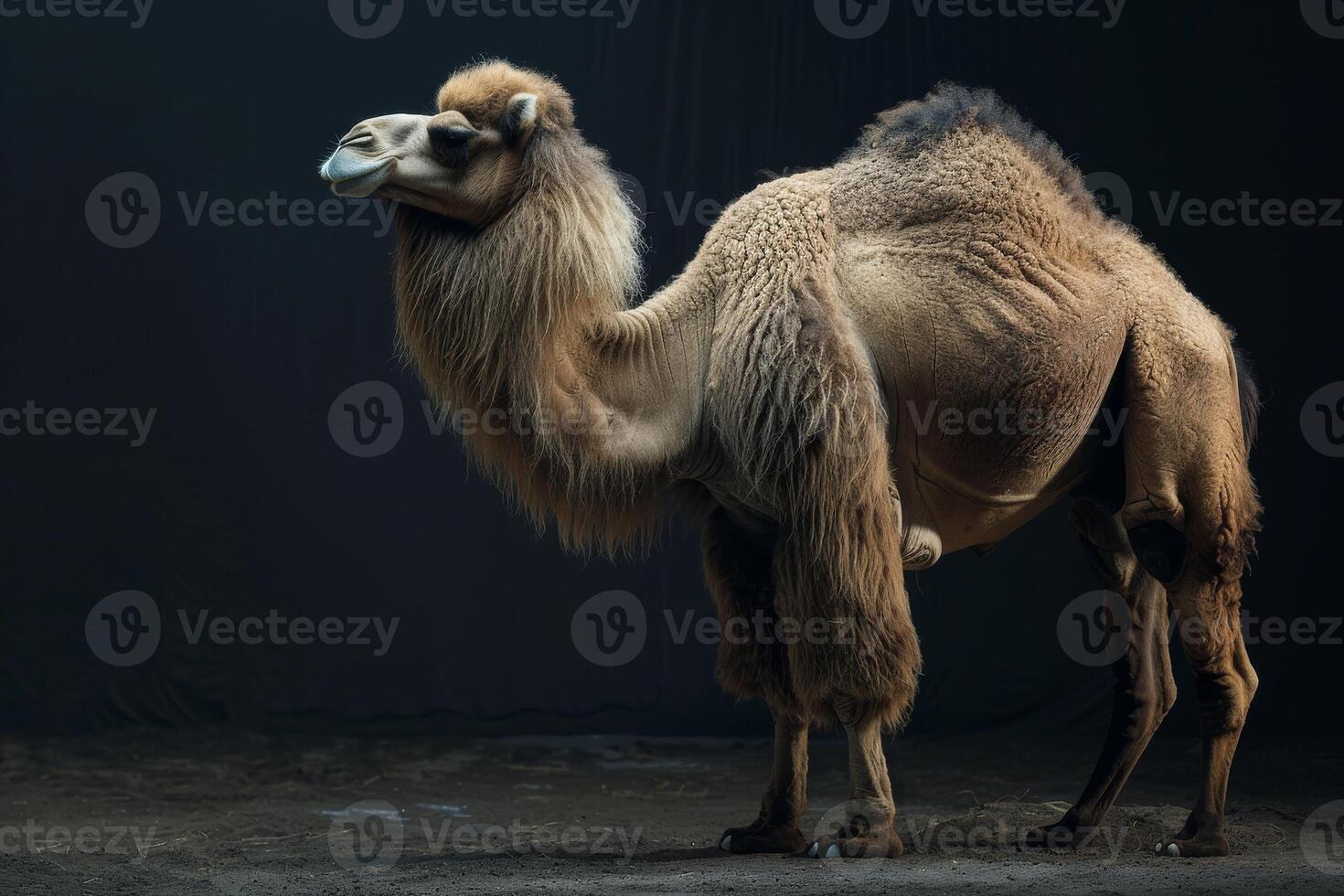 A camel standing in front of a dark background photo