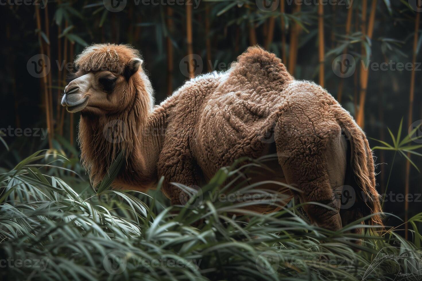 A camel standing in the grass next to bamboo photo