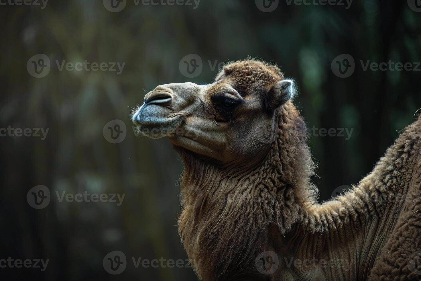 A close up of a camel with its head up photo