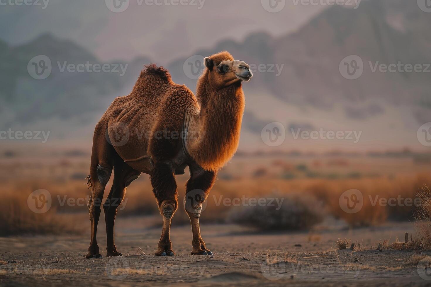 A camel standing in the middle of a desert photo