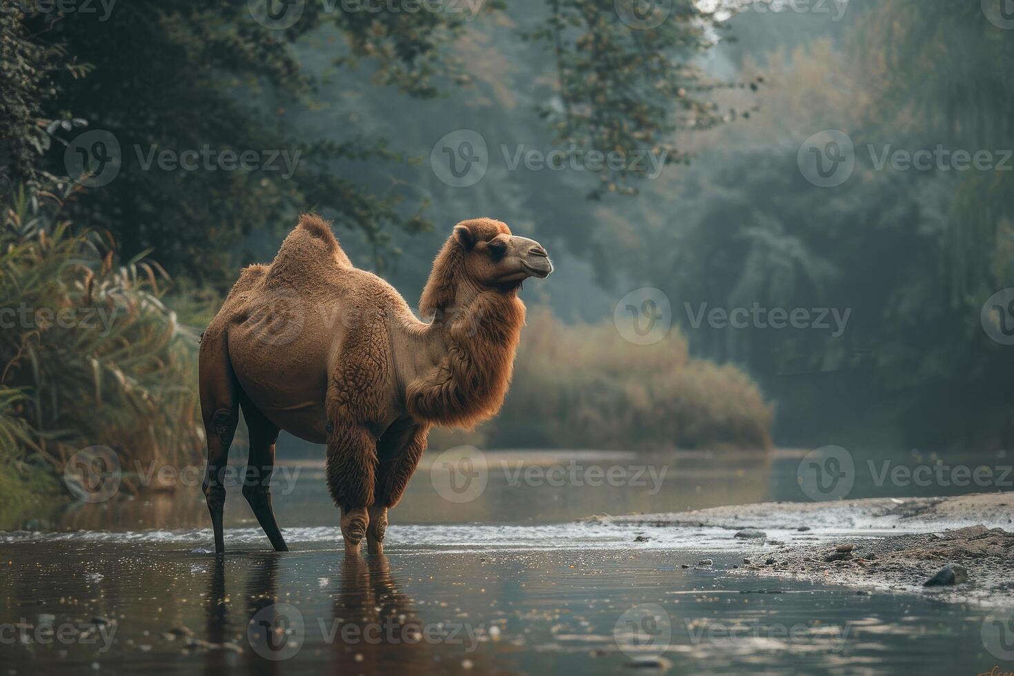 A camel standing in a river with trees in the background photo