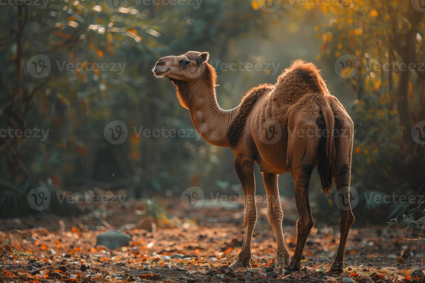 A camel standing in the middle of a forest photo