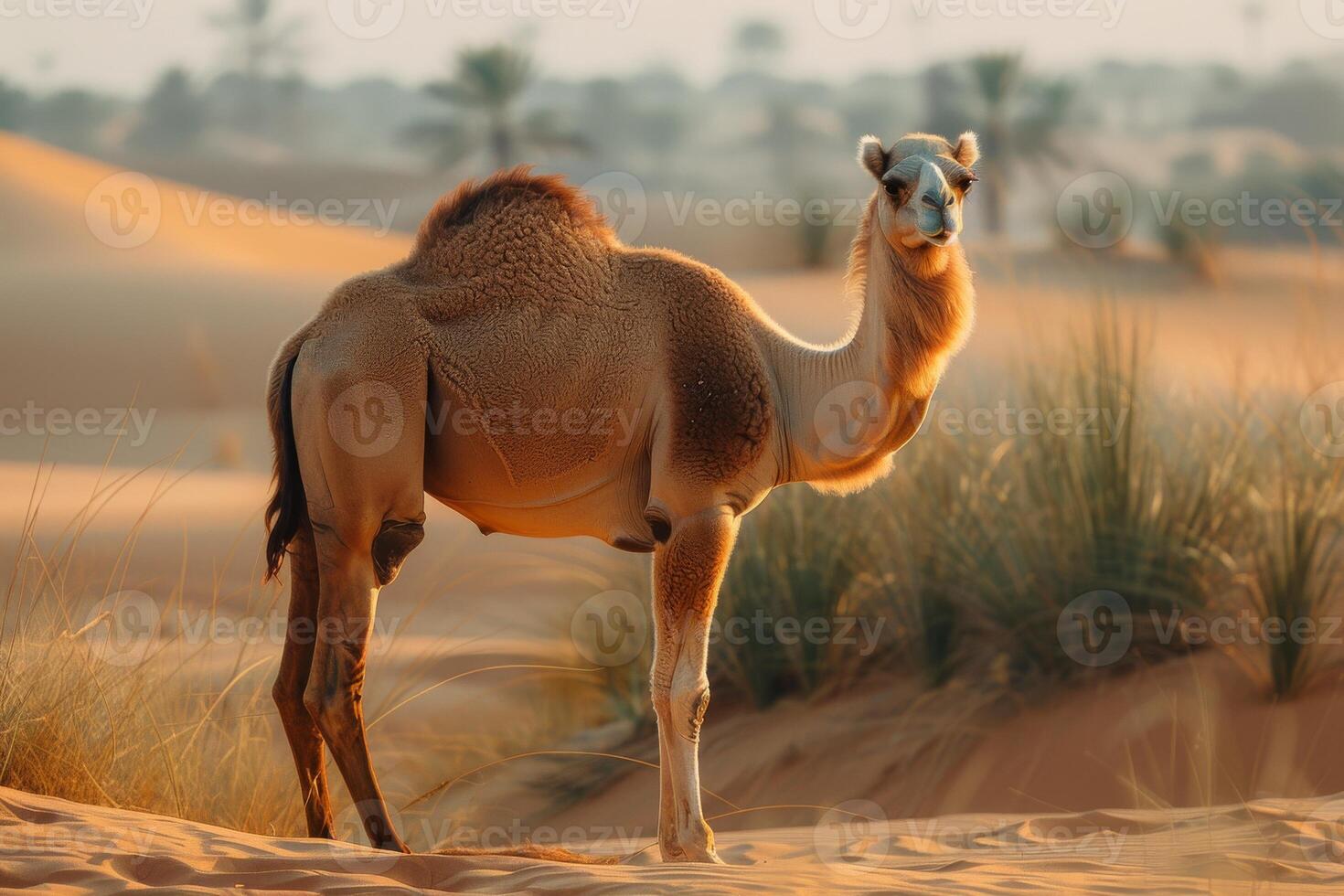 A camel standing in the desert photo