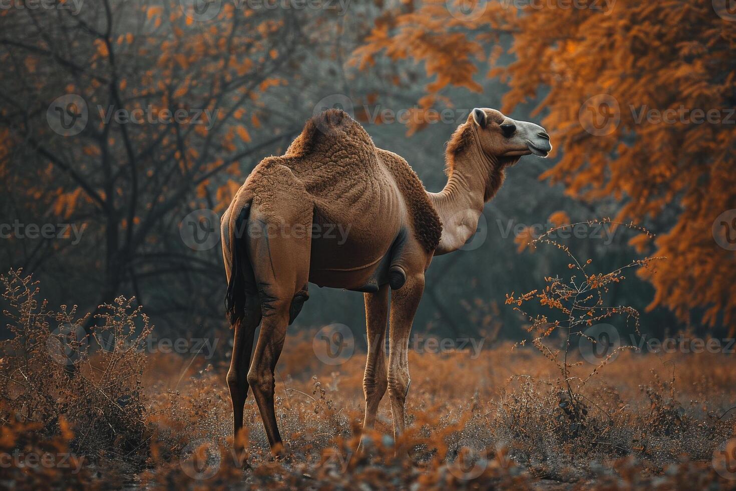 A camel standing in the middle of a field photo