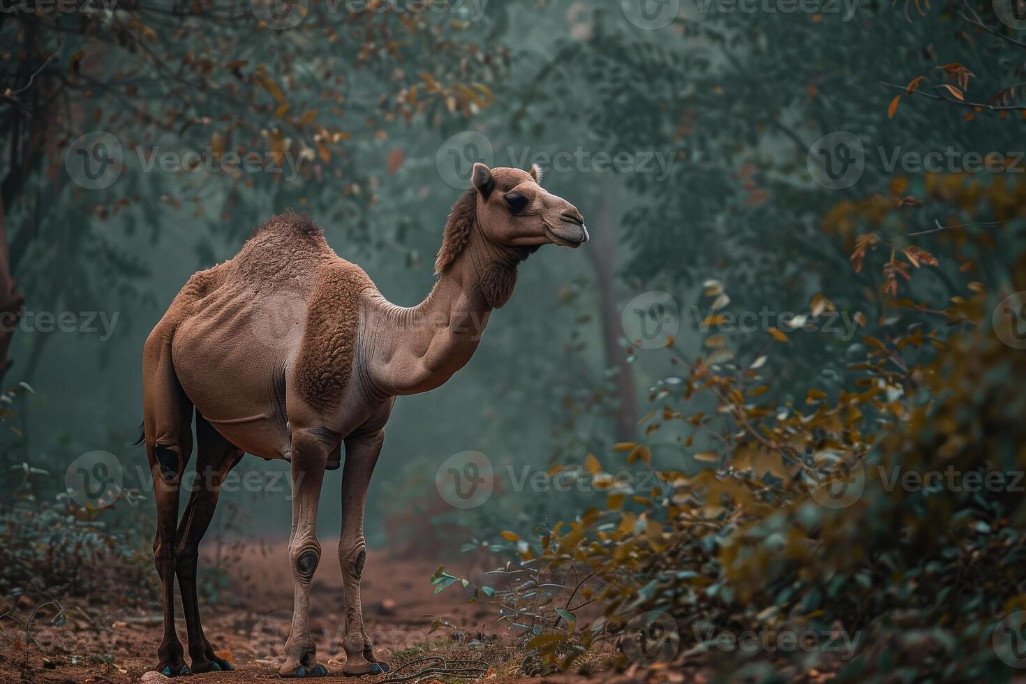 A camel is standing in the middle of a forest photo