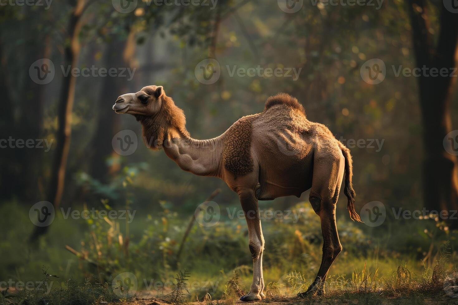 A camel standing in the middle of a forest photo