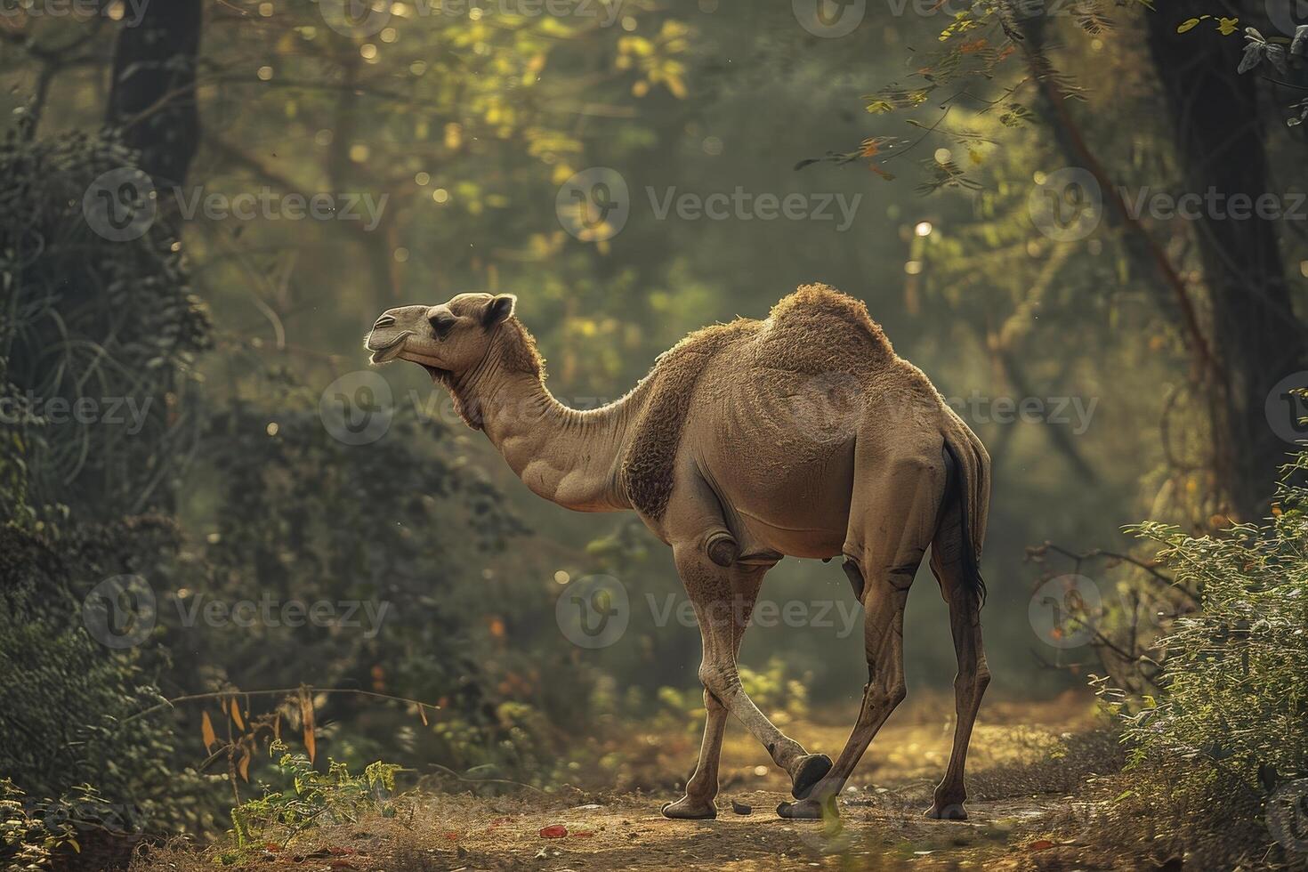 A camel walking through a forest with trees photo