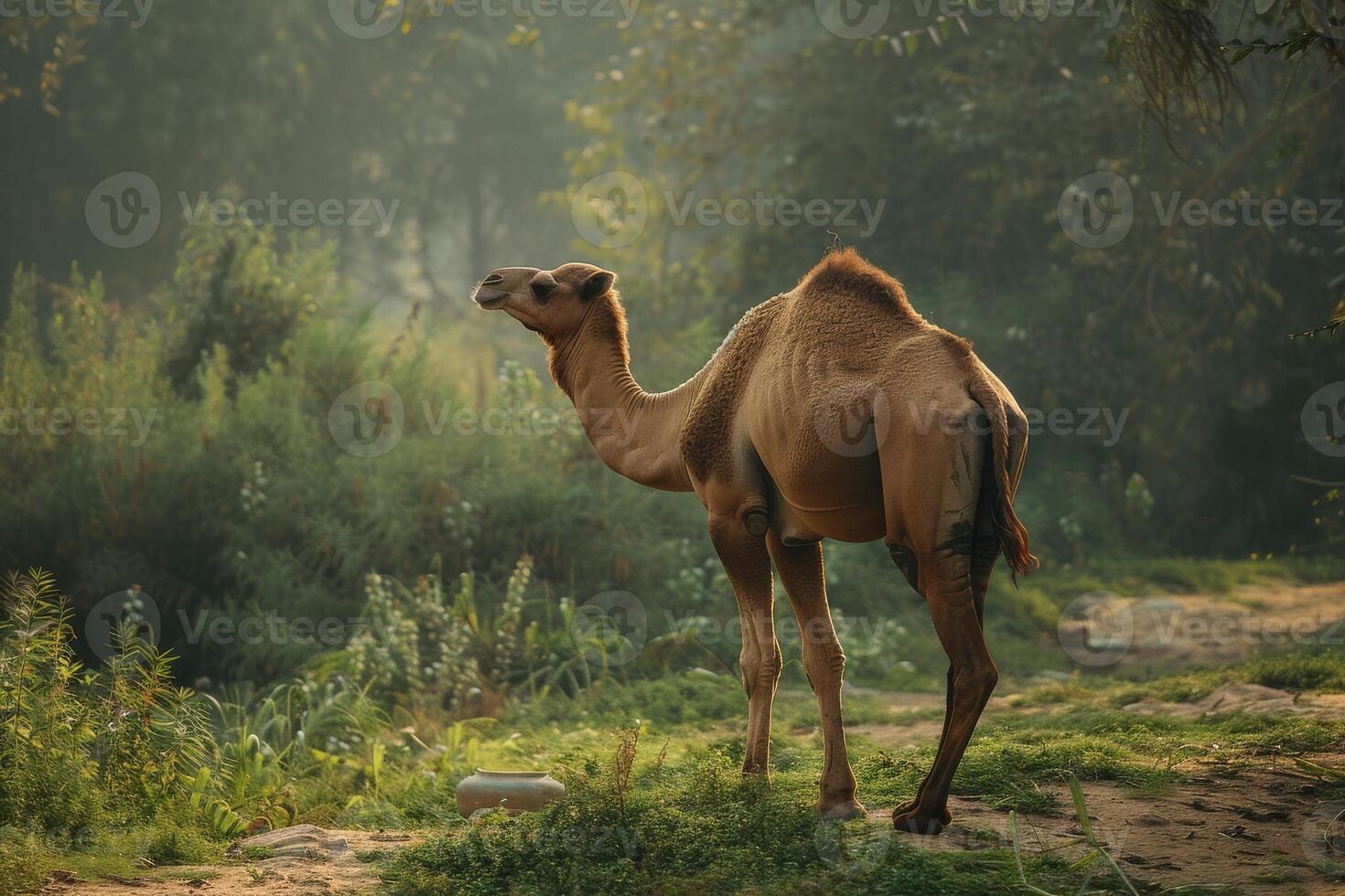A camel is standing in the middle of a field photo