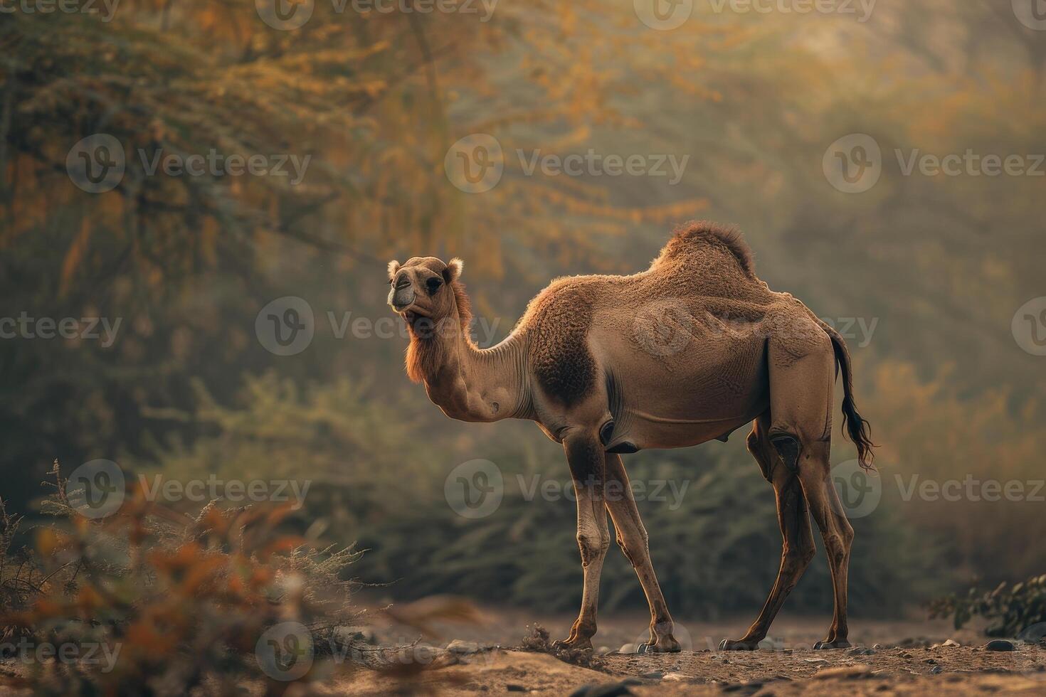 A camel standing in the middle of a field photo