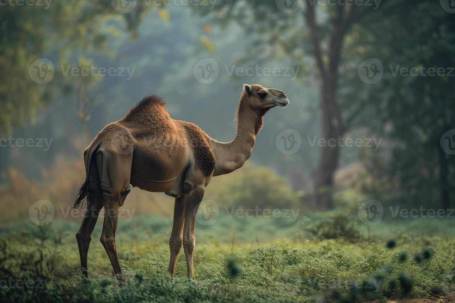 A camel is standing in the middle of a field photo