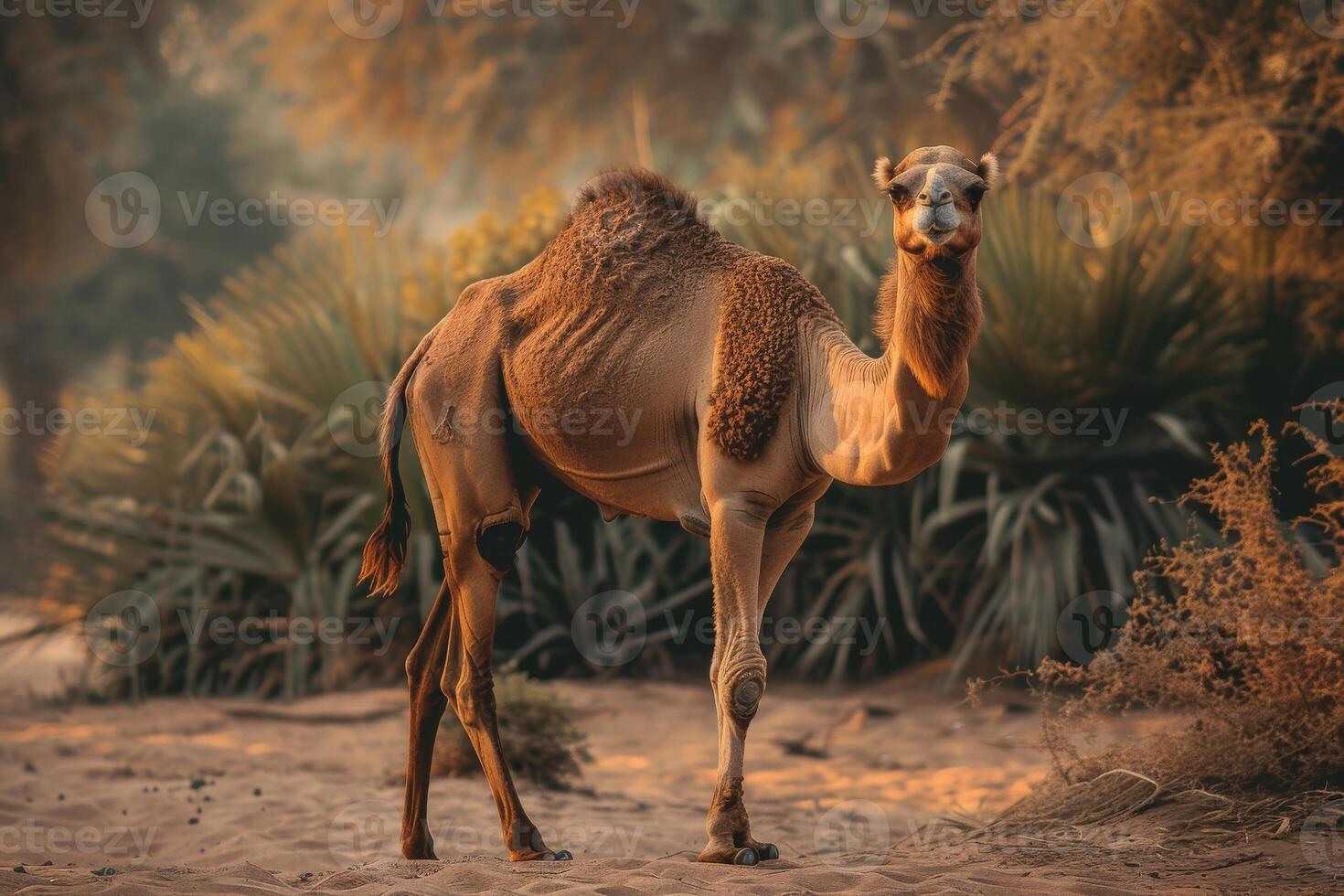 A camel standing in the desert with some bushes photo
