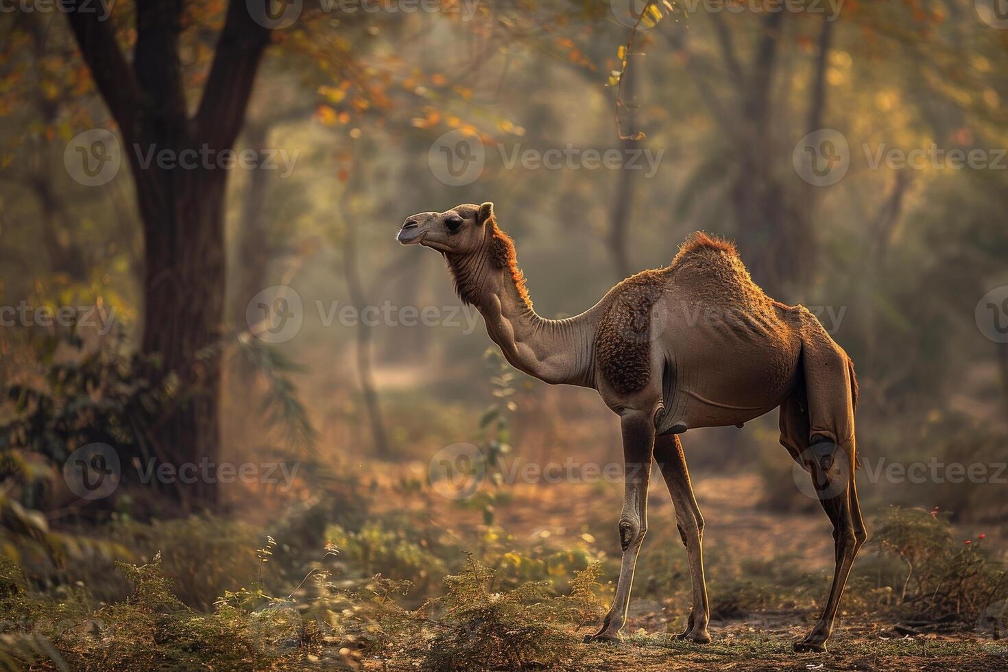 A camel standing in the middle of a forest photo
