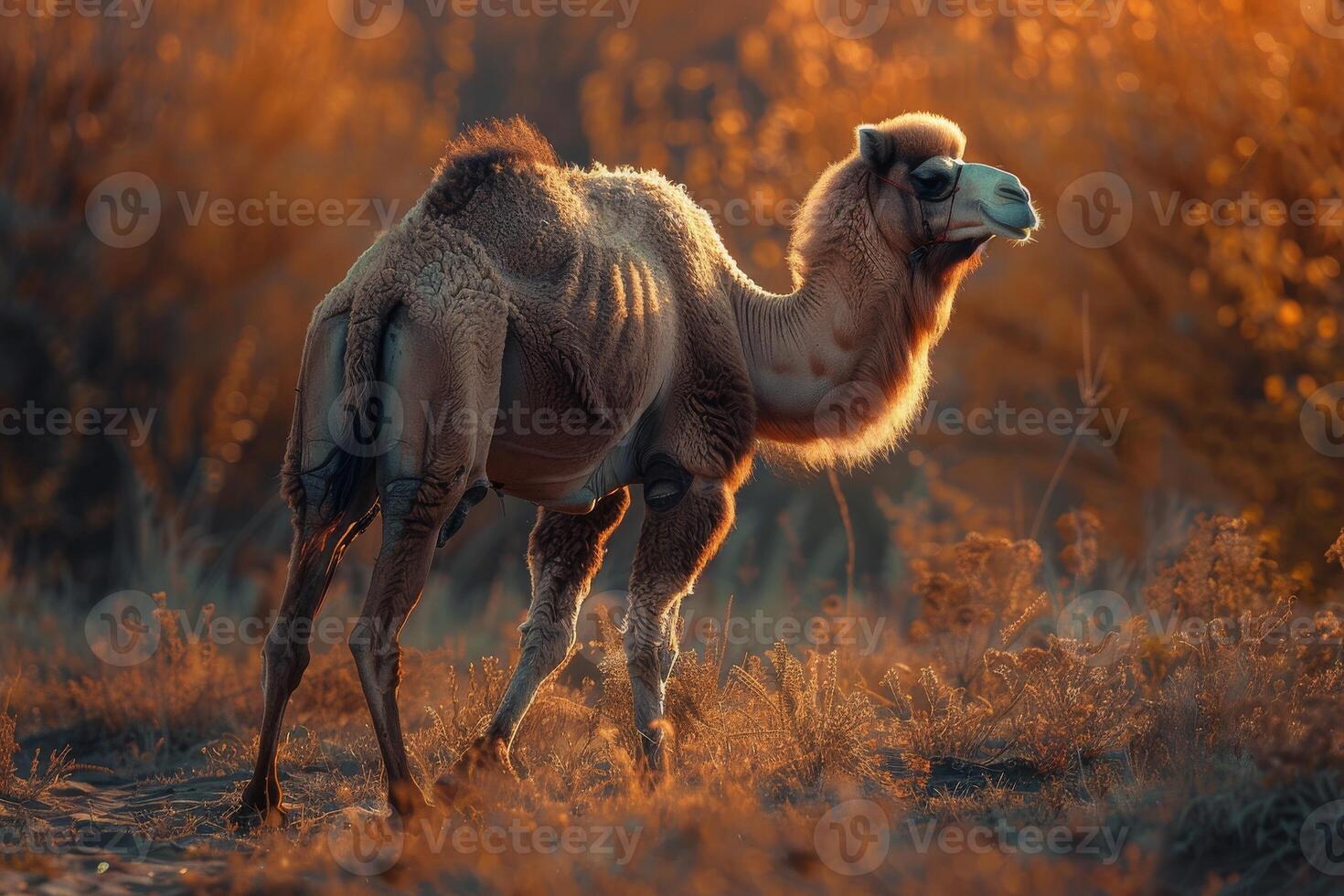 A camel is standing in the grass at sunset photo