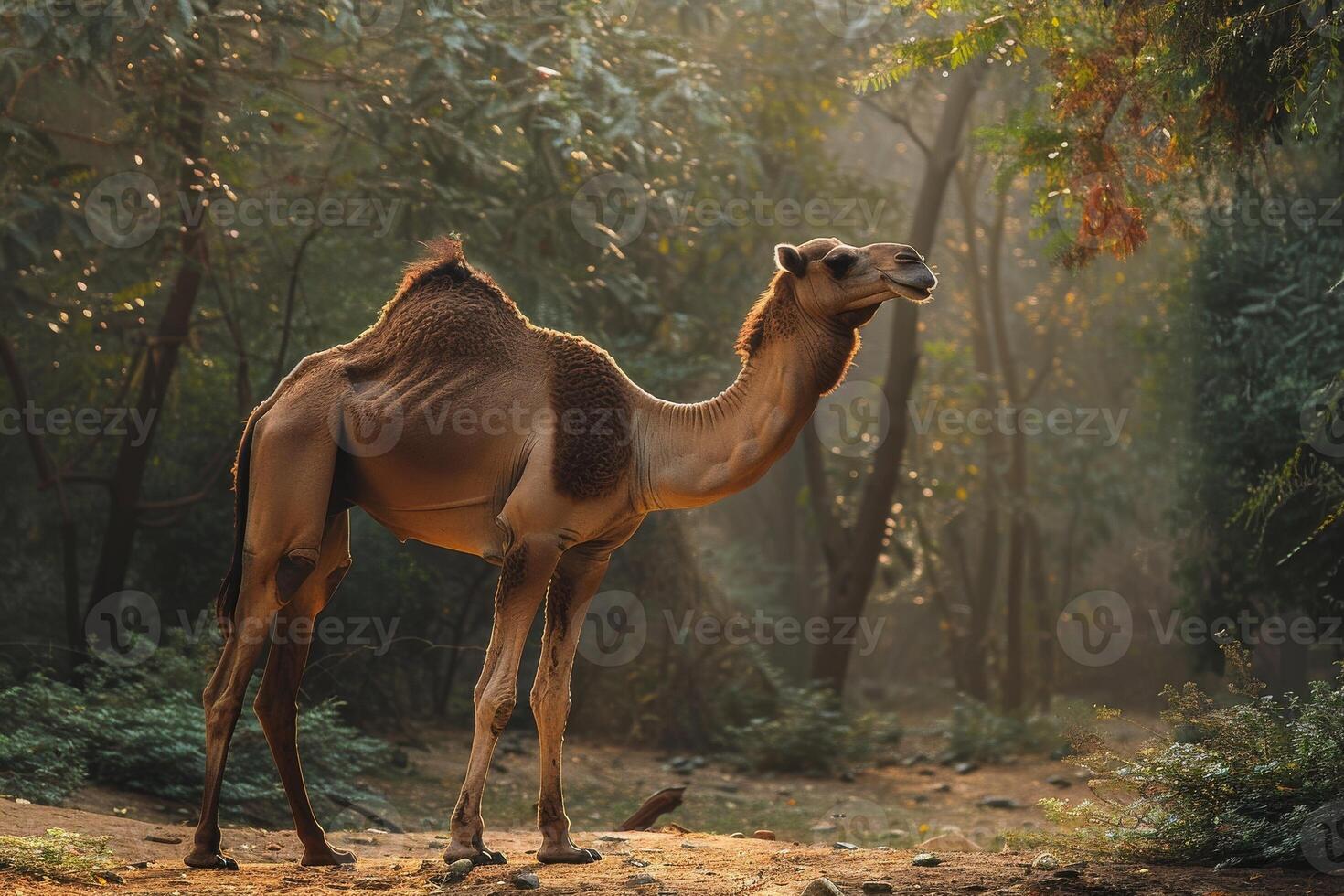 A camel standing in the middle of a forest photo