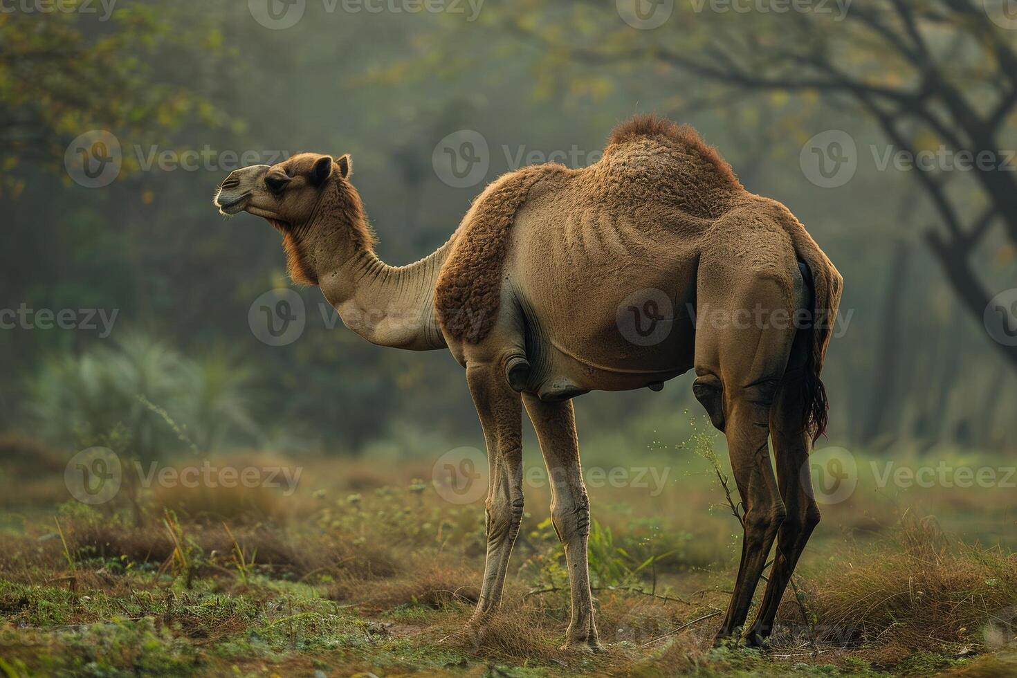 A camel standing in the middle of a field photo