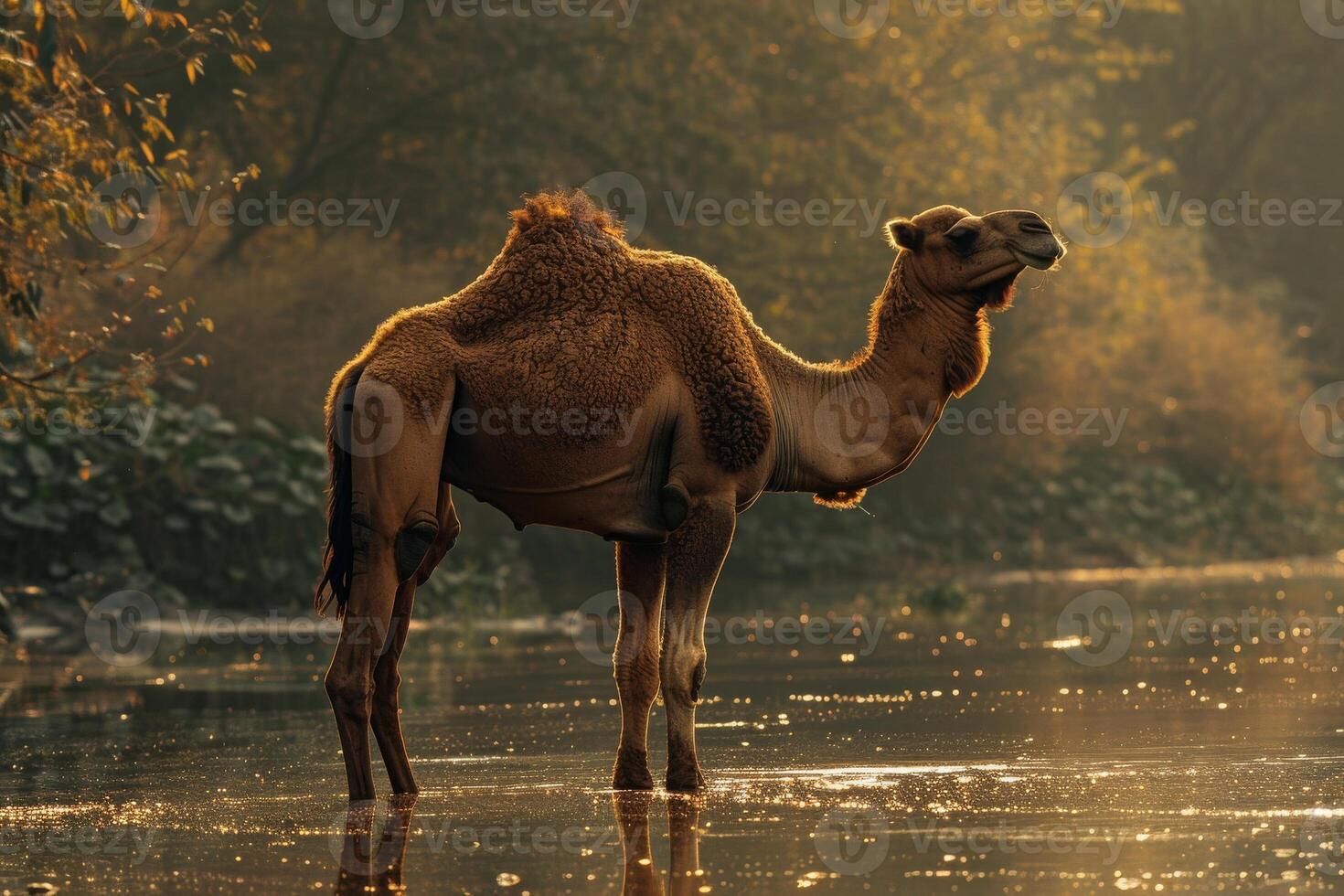 A camel standing in a river photo