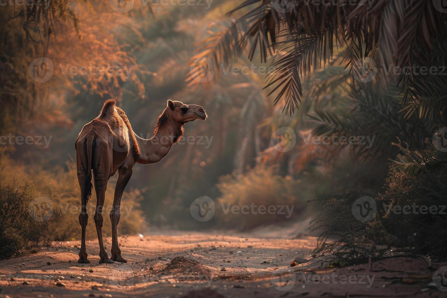 A camel is walking through the desert in the morning photo