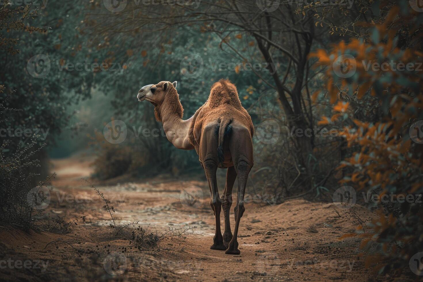 A camel walking down a dirt road in the middle of the forest photo