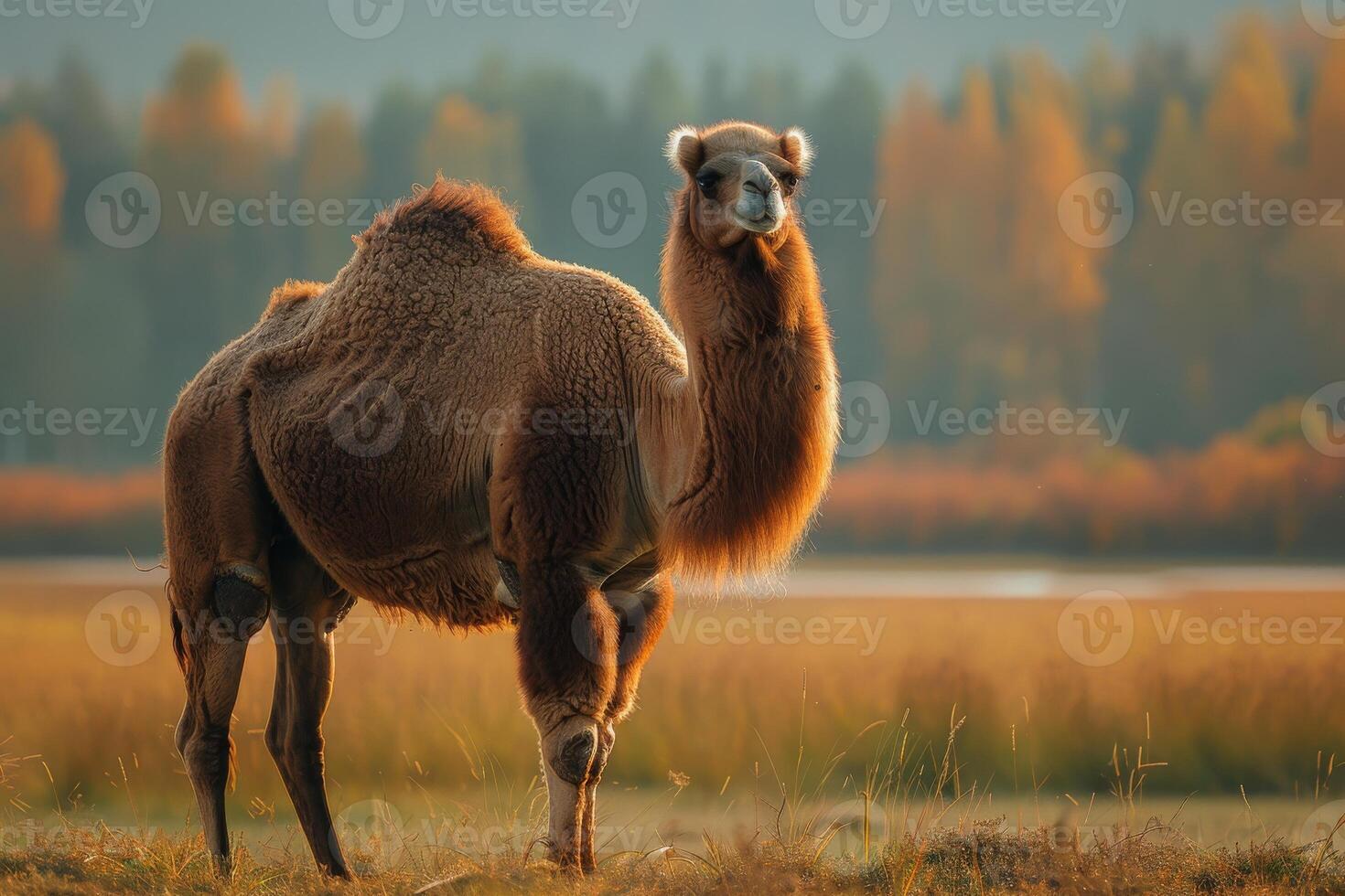A camel standing in a field with trees in the background photo