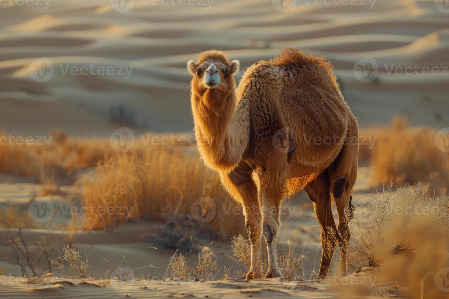 A camel is standing in the desert photo