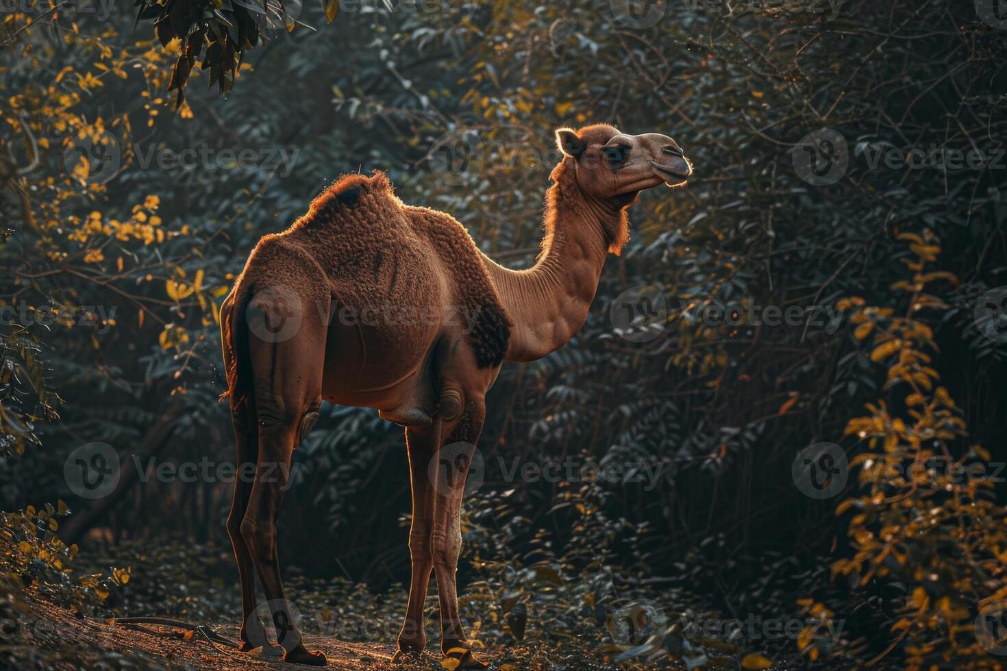 A camel standing in the woods photo