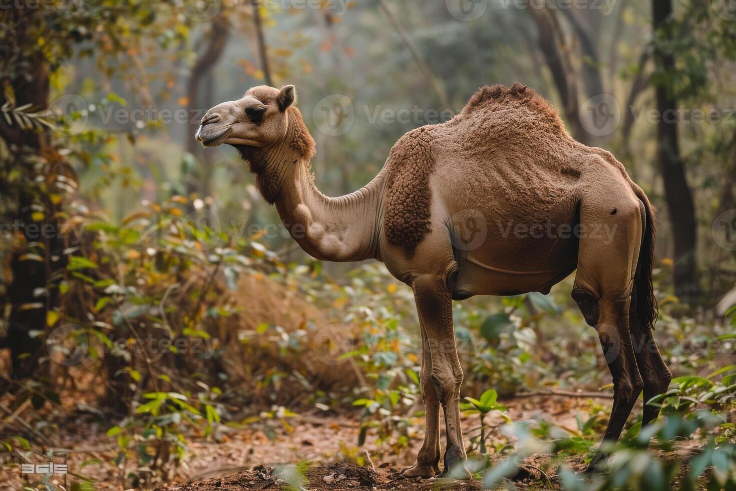 A camel is standing in the middle of a forest photo