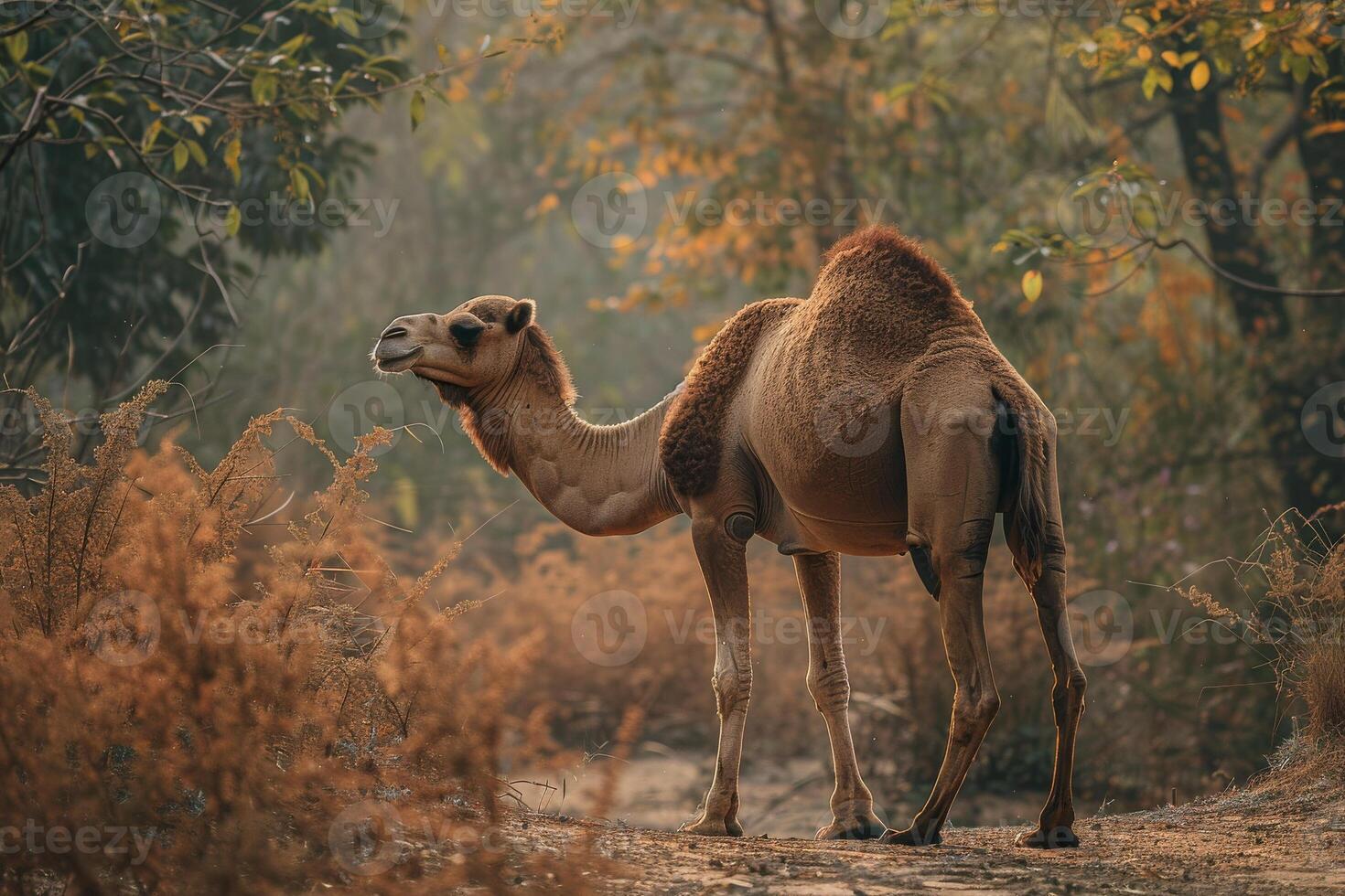 A camel standing in the middle of a forest photo