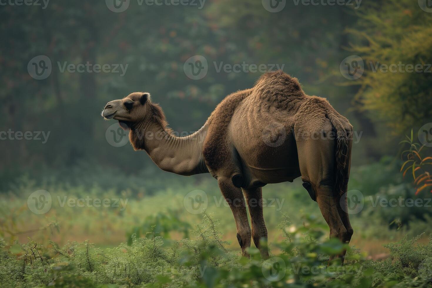 A camel standing in a field with trees in the background photo