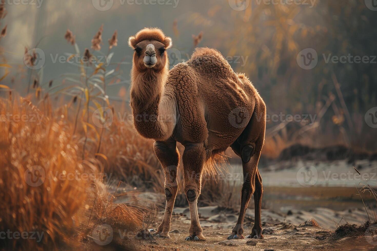 A camel standing in the middle of a field photo