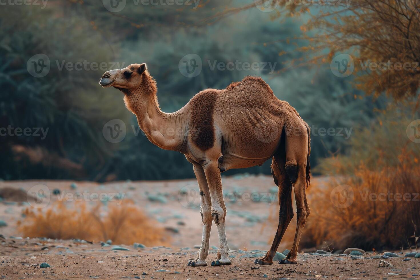 A camel standing in the desert with trees in the background photo