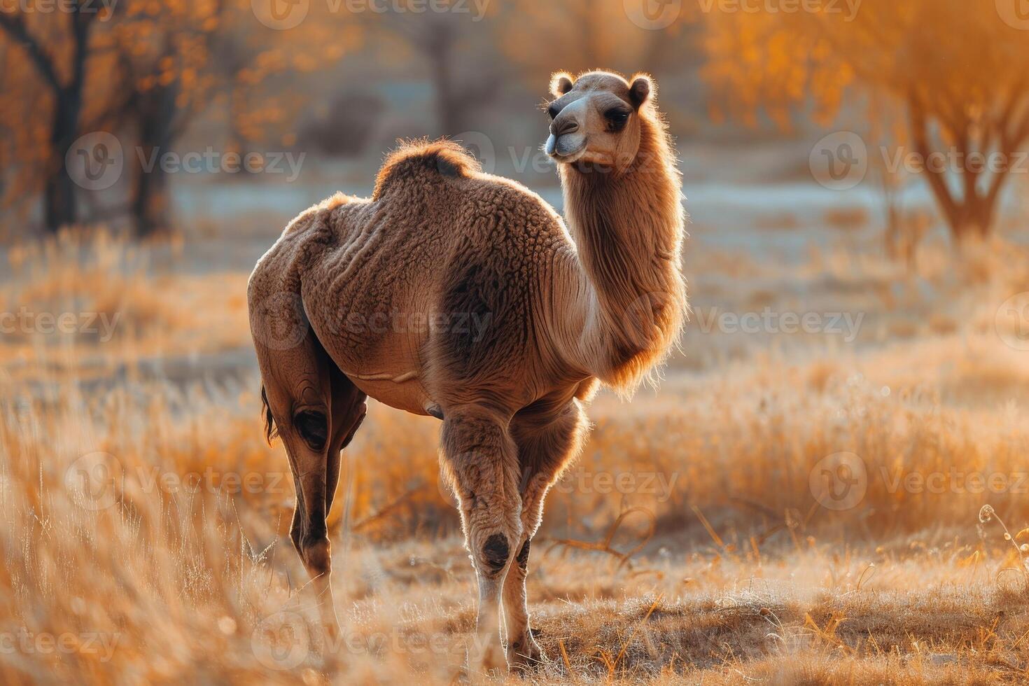 A camel standing in a field with trees in the background photo