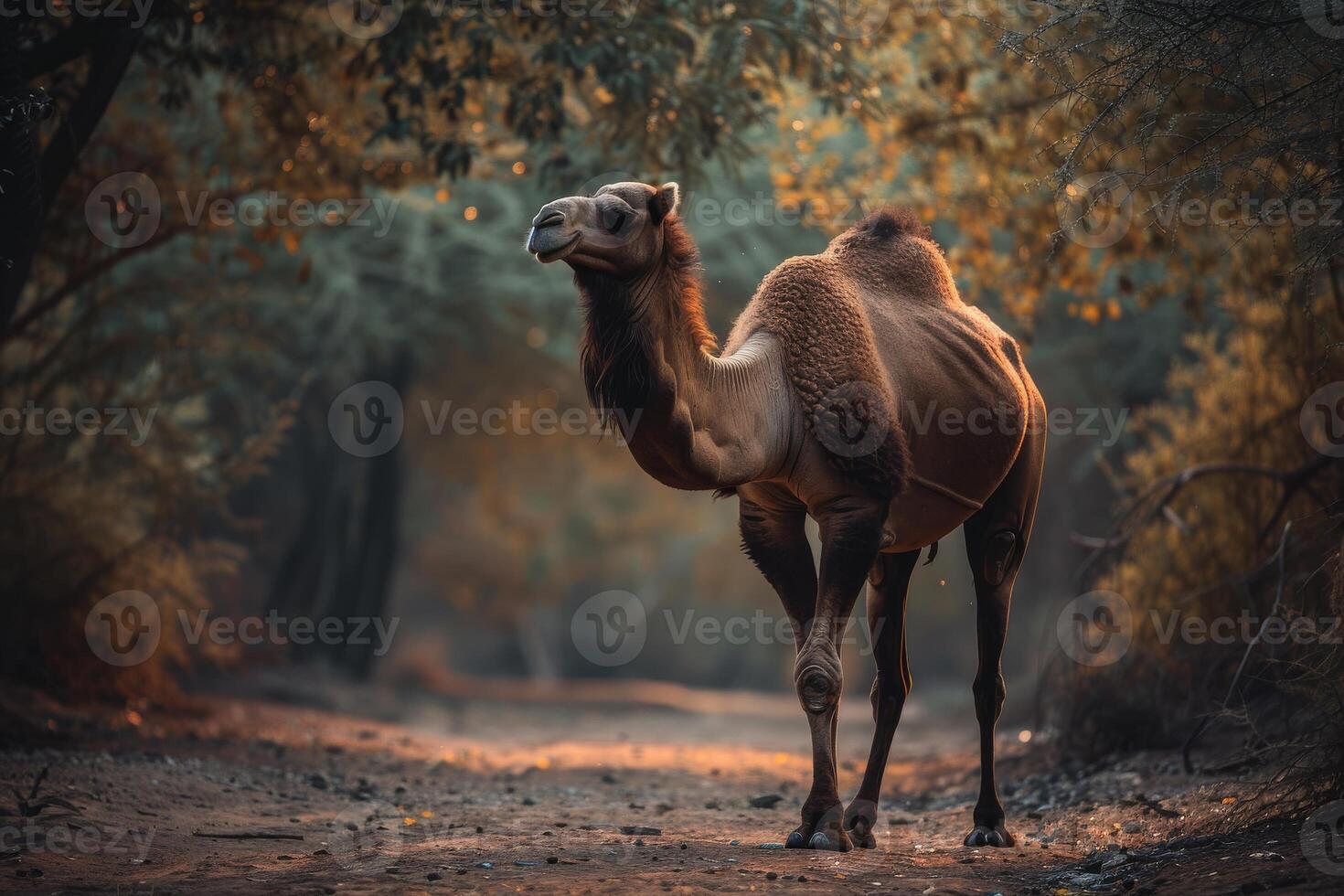 A camel is walking through a forest at sunset photo