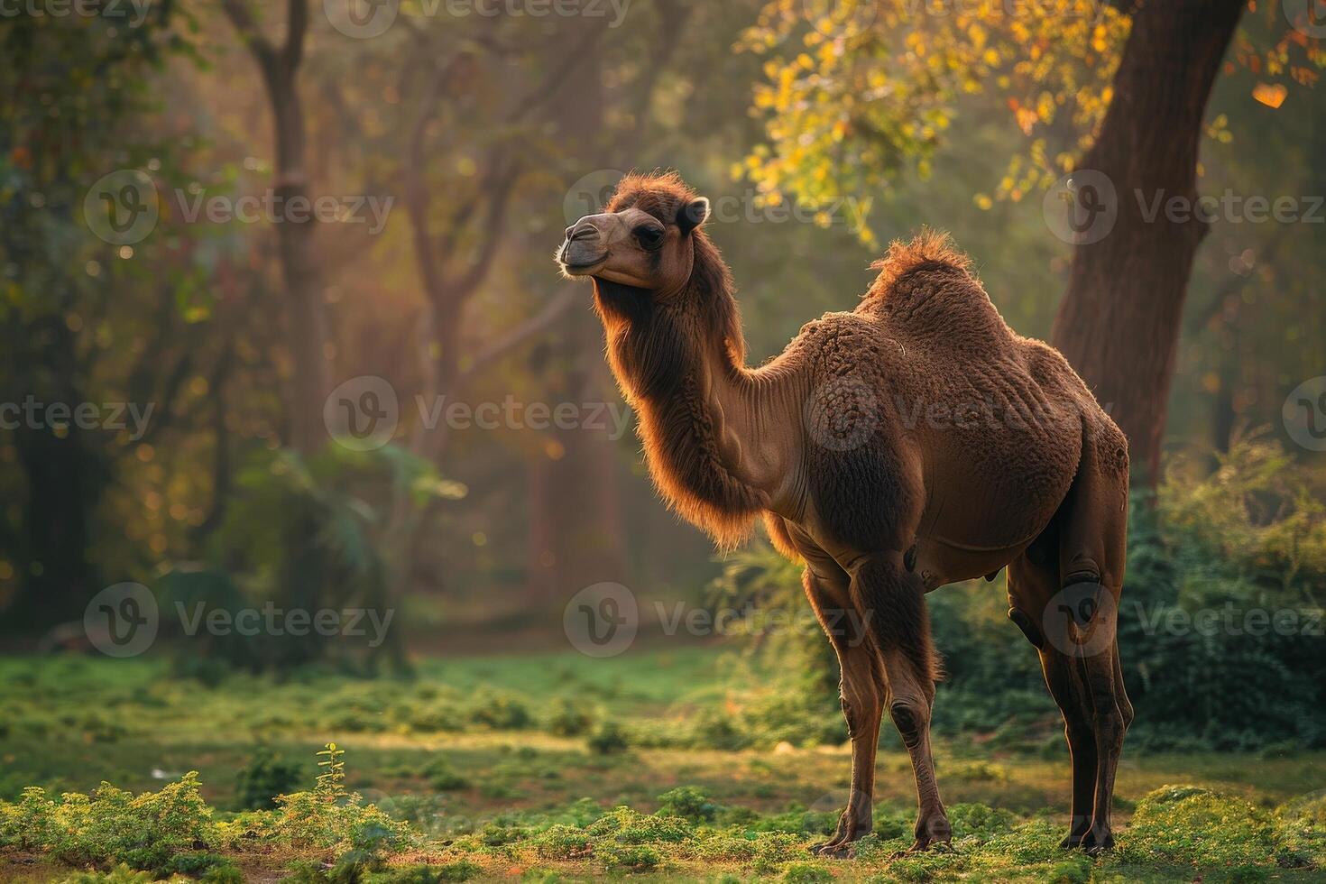 A camel is standing in the middle of a field photo