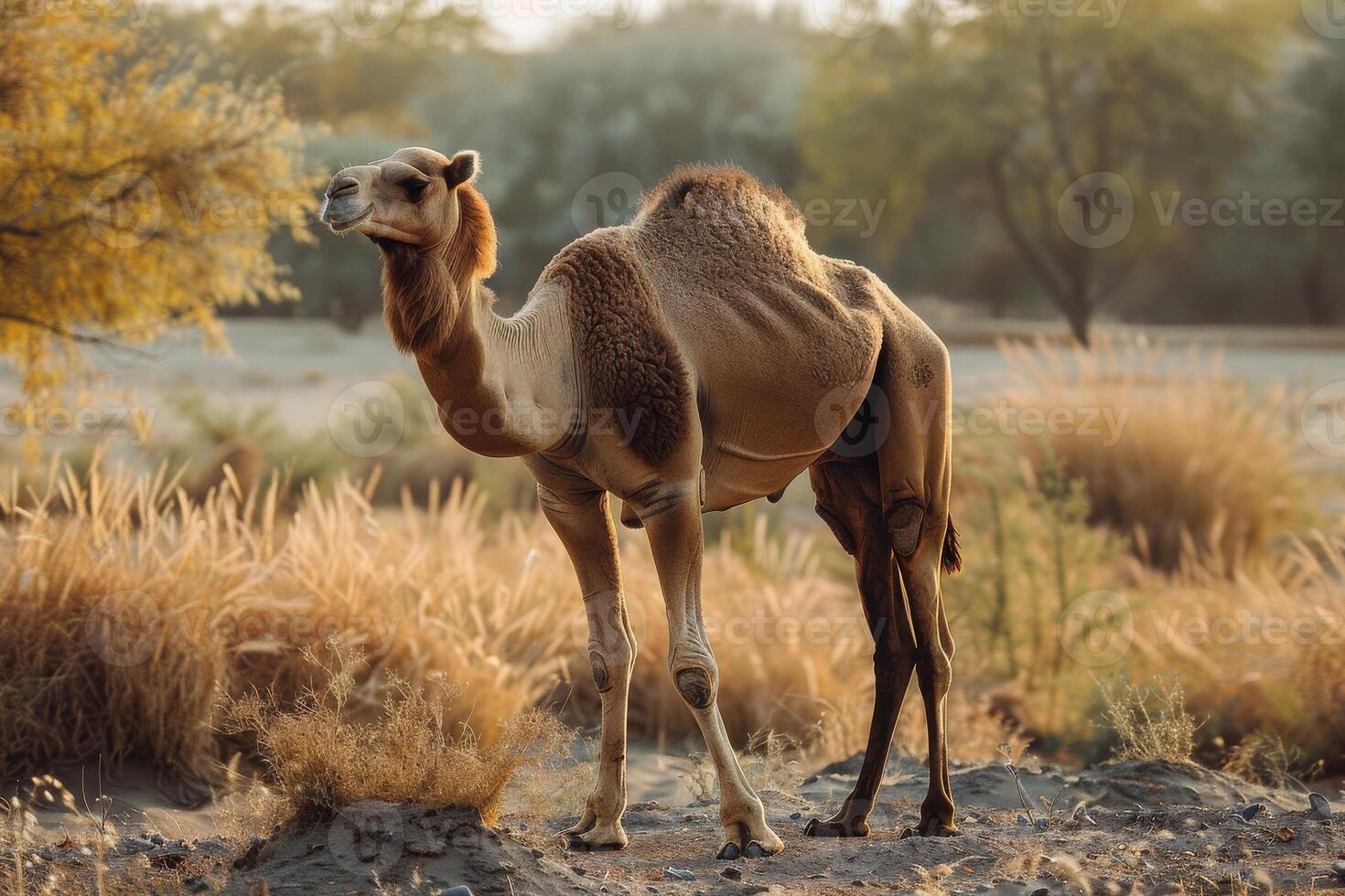 A camel standing in the middle of a field photo