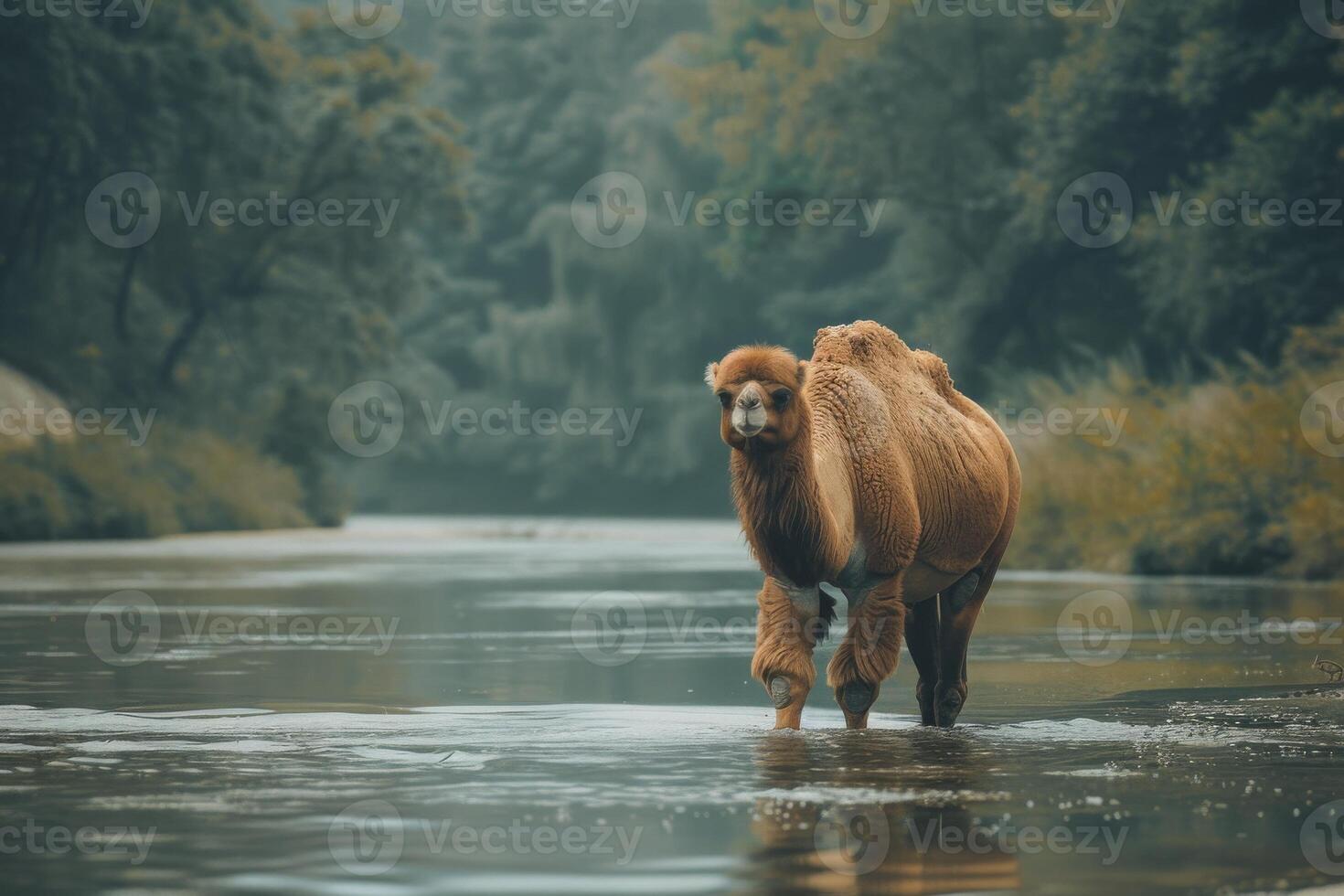 A camel walking across a river in the middle of a forest photo