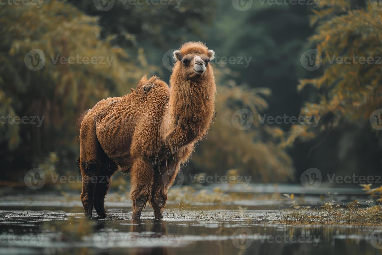 A camel standing in a pond with trees in the background photo
