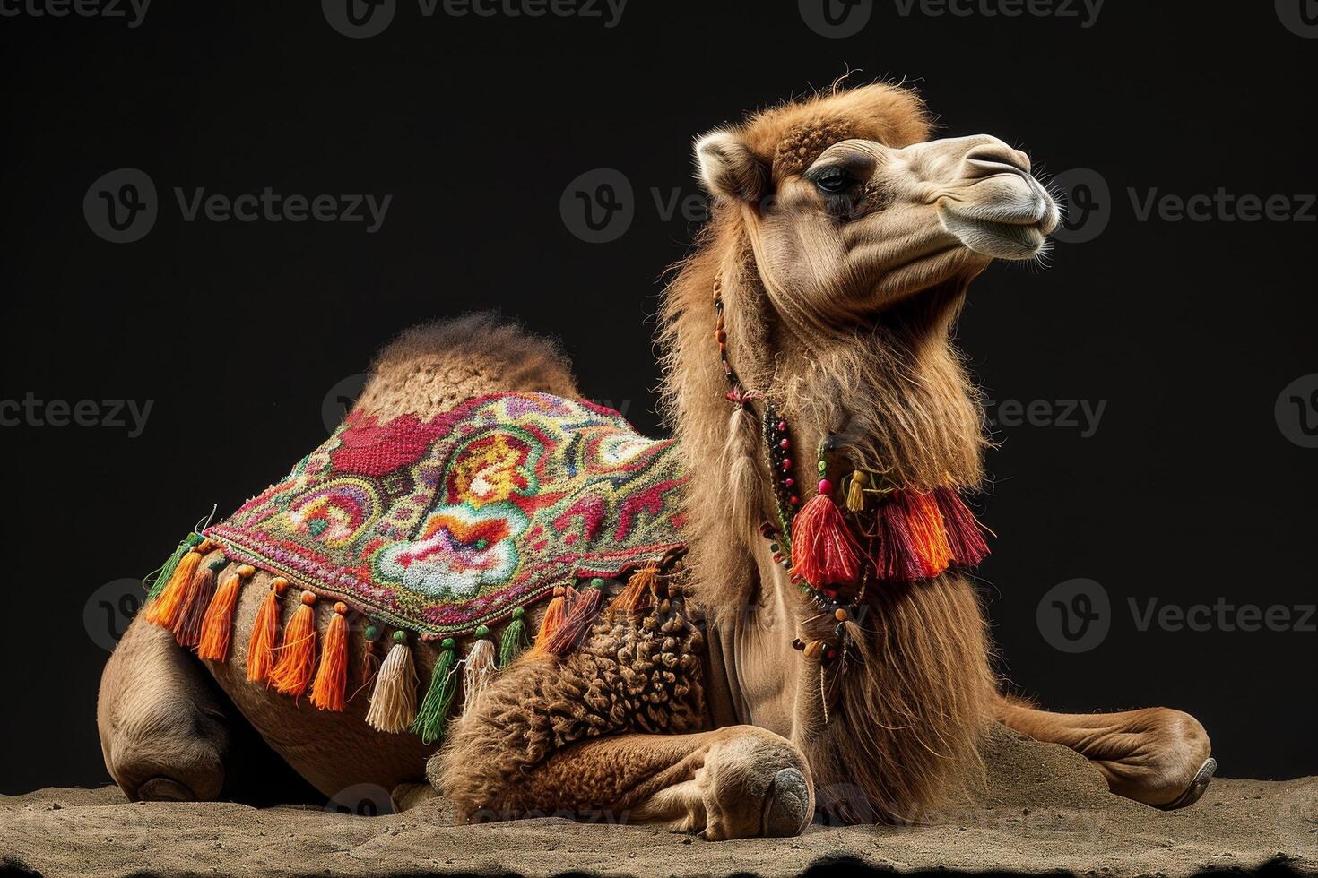 A camel with a colorful scarf on its back photo