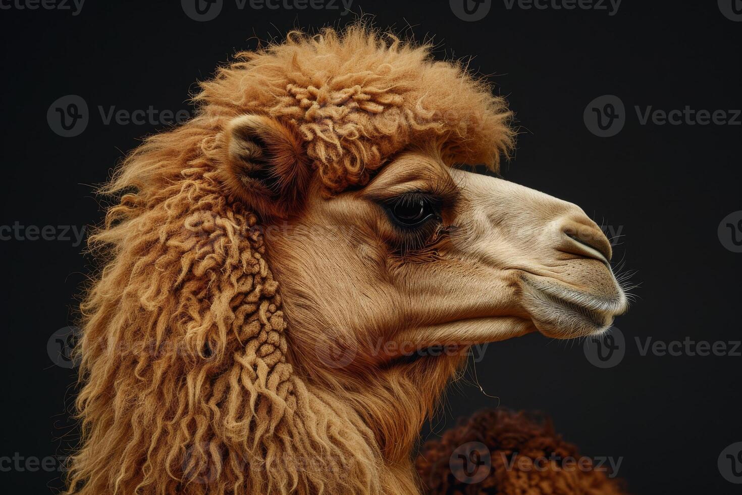 A close up of a brown camel with a black background photo
