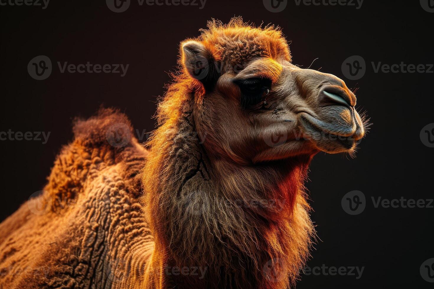A camel is standing in front of a dark background photo
